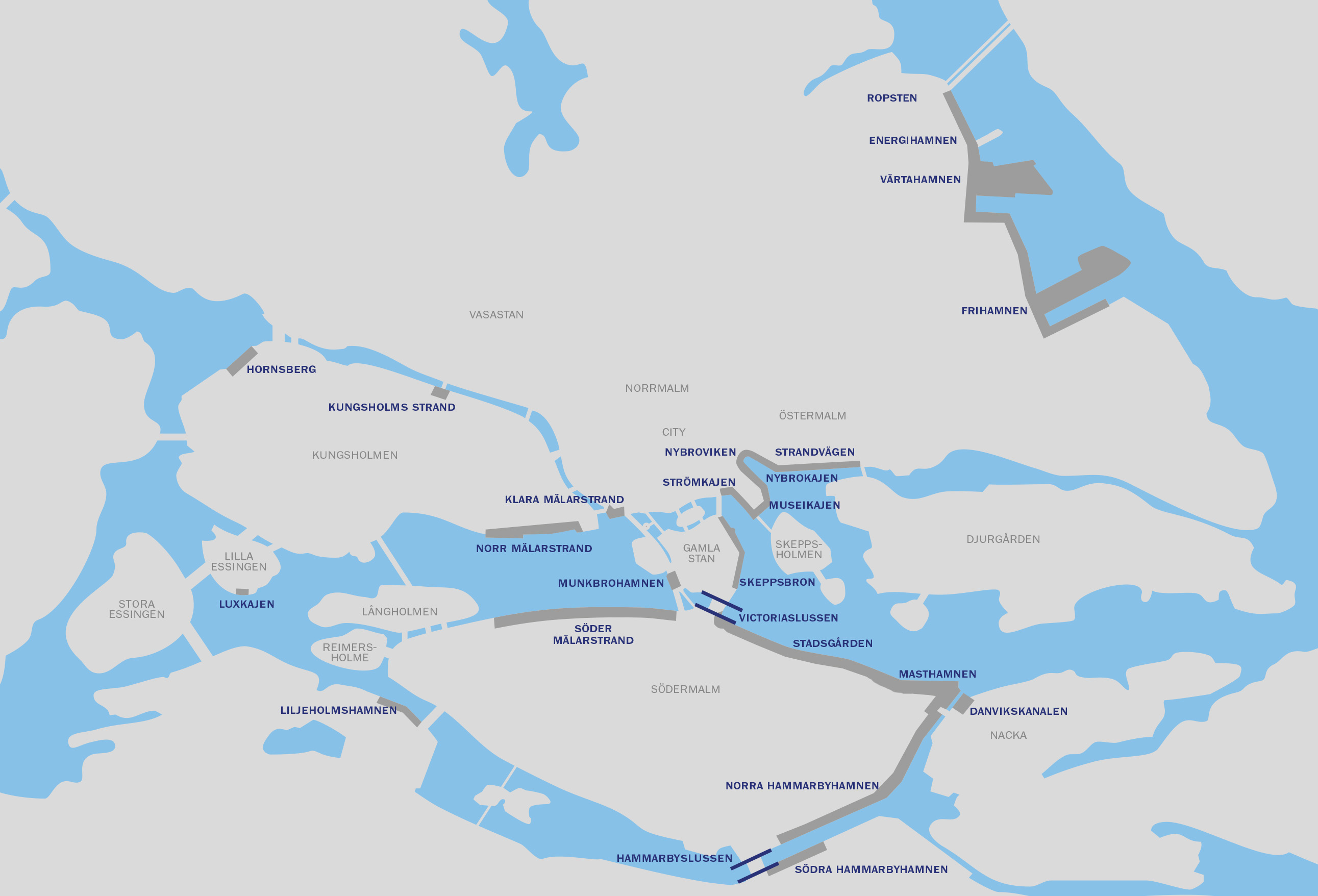 Karta över Stockholms Hamnars hamnområden i Stockholm