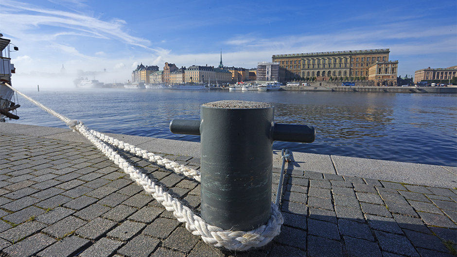 Närbild på en pollare, med kungliga slottet i bakgrunden.