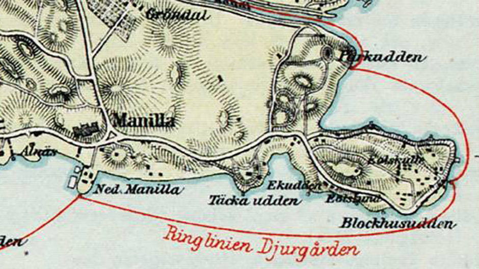 Gammal karta över Blockhusudden, där ringlinjen Djurgården är utmärkt i vattnet.
