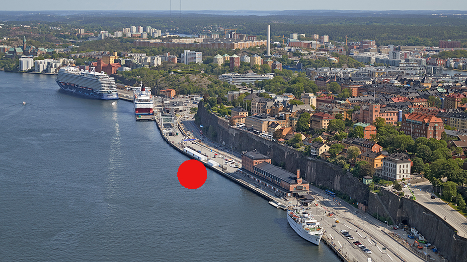 Flygbild över Stadsgården där yachtplats är utmärkt.