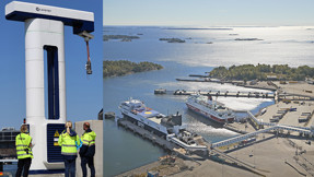 Bildkollage: Några medarbetare står framför en elanslutning/flygbild över Kapellskärs hamn