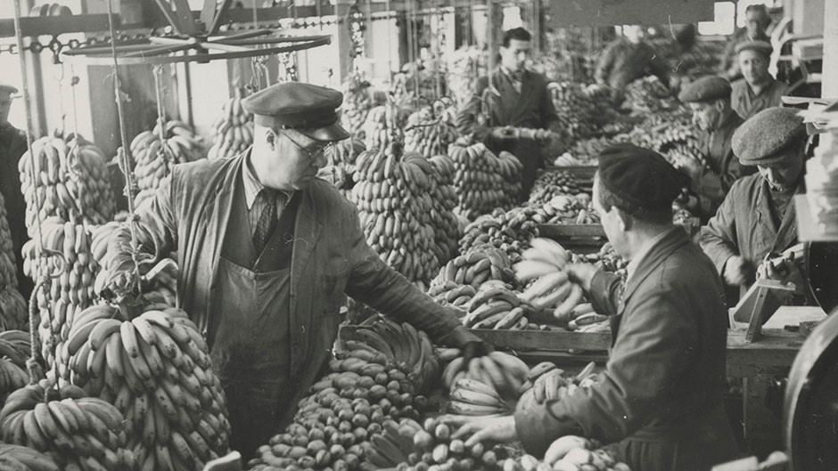 Många män omgivna av mängder av bananklasar.