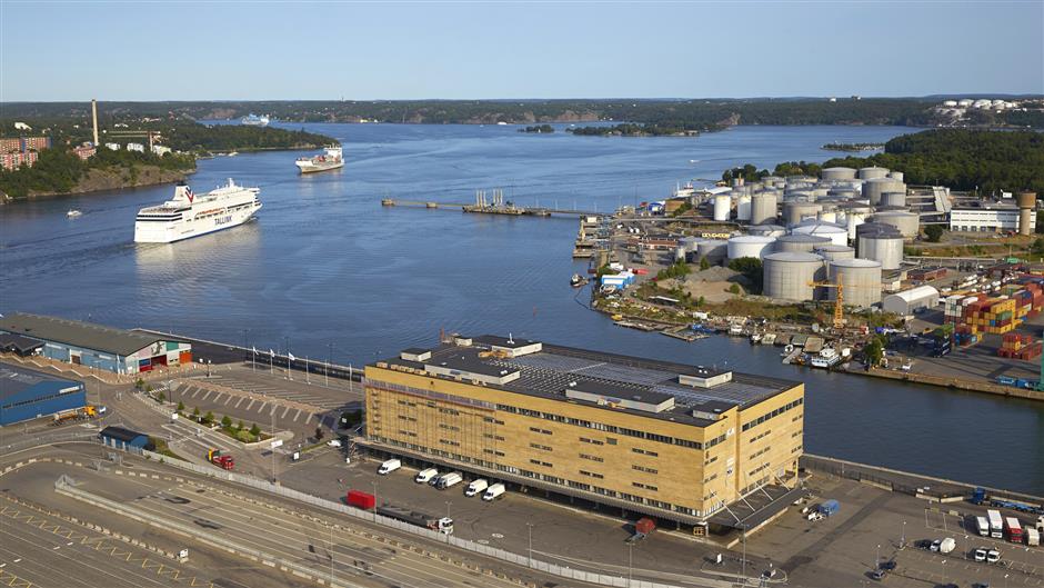 Flygfoto över Magasin 6 i Frihamnen