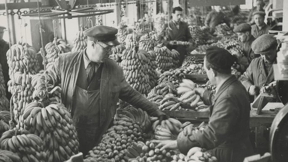 Arbetare bland mängder av bananer i Banankompaniet 1952