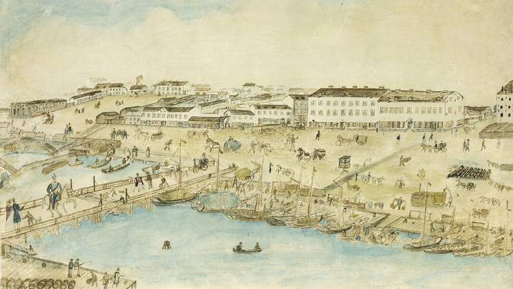 Utsigt af Nybron med Hamnen på 1840-talet