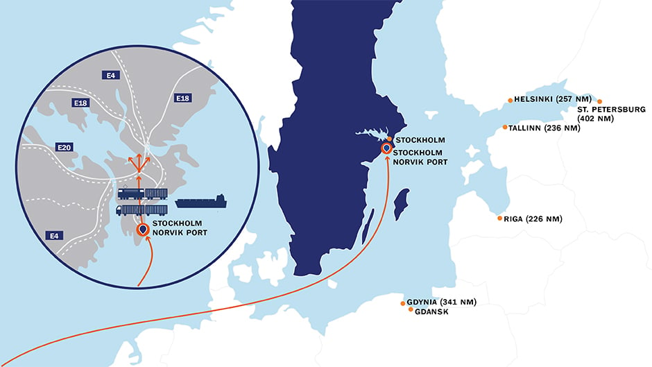 Karta som visar Stockholm Norviks läge i Östersjön