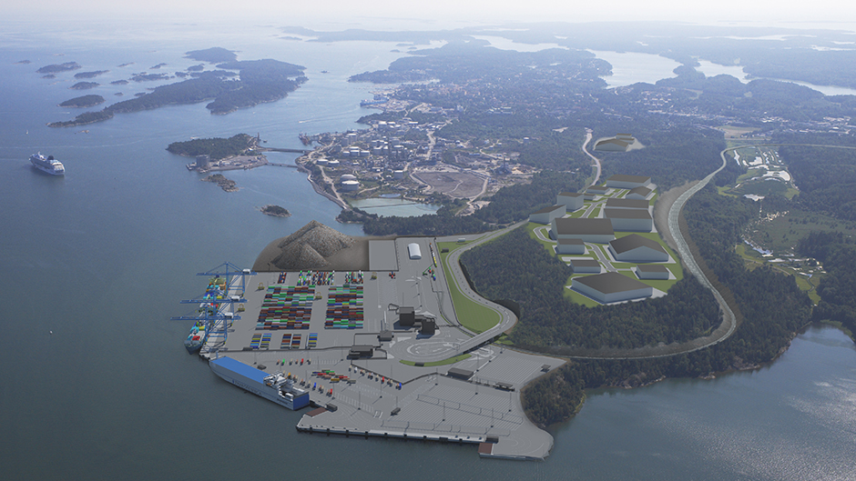 Visionsbild över Stockholm Norvik Hamn som öppnar 2020