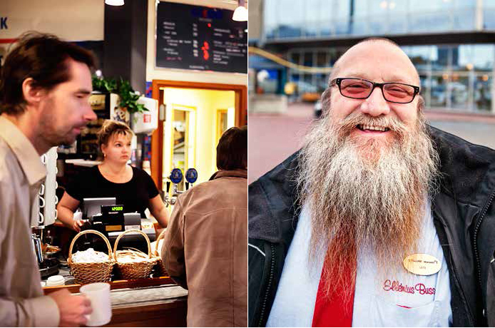 Cafépersonal och busschaufför.