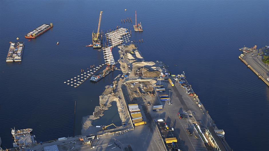 Flygbilden över arbetsplatsen nya Värtahamnen.