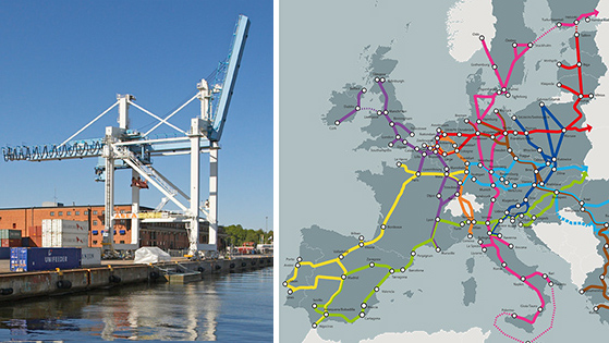 Containerkran i Frihamnen och karta över EU:s transportkorridorer
