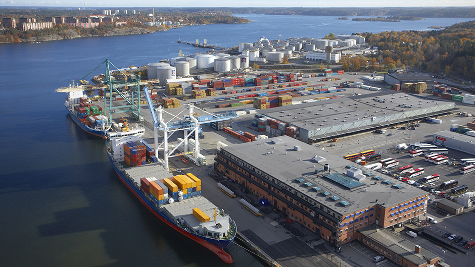 Flygfoto av containerterminalen i Frihamnen