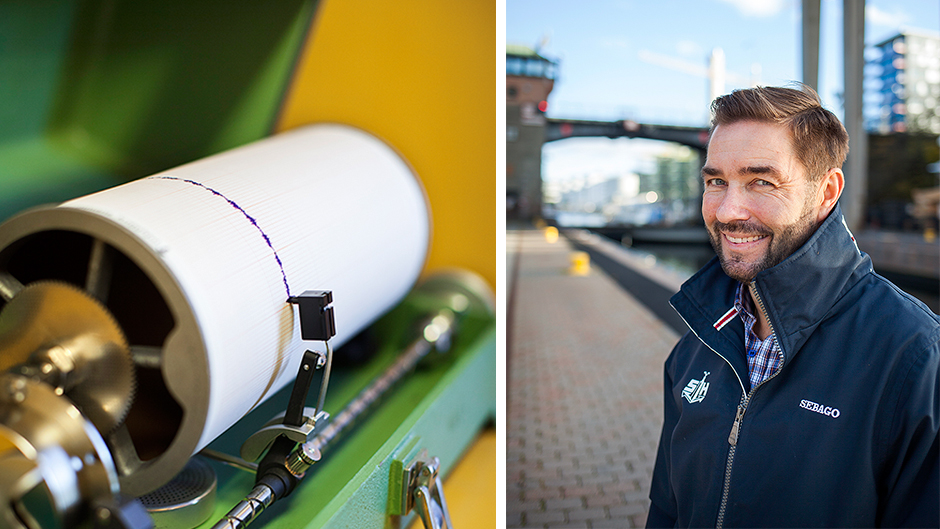 Närbild på pegelmätaren, samt Torbjörn Granqvist i Hammarbyslussen