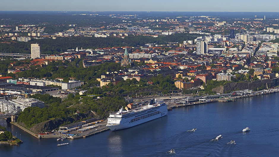 Flygfoto över Masthamnen och Stadsgården