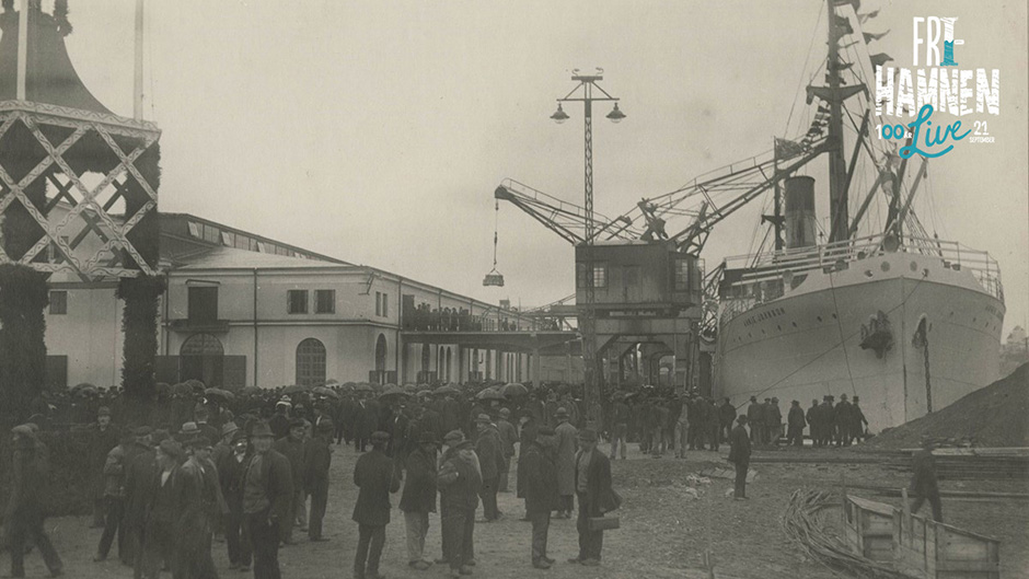 Svartvit bild från invigningen av Frihamnen 1919.