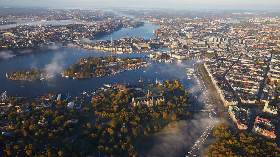 Flygbild över Djurgården, Strandvägen, Skeppsholmen...