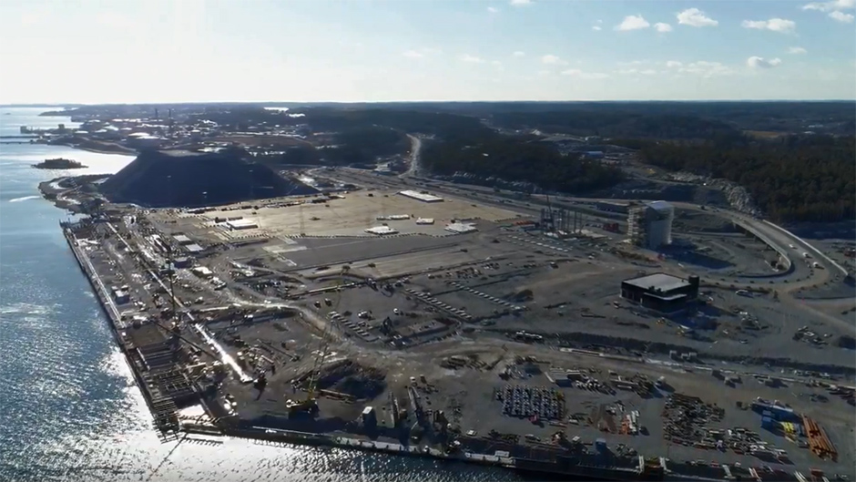 Flygbild över Stockholm Norvik Hamn i april 2019