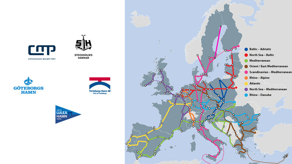 Alla svenska corehamnars logotyper samt karta över de europeiska transportkorridorerna