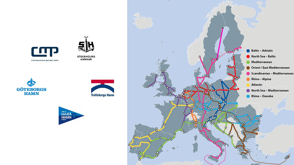 Karta över de europeiska transportkorridorerna samt de fem svenska corehamnarnas loggor