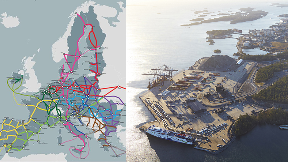 Karta över de europeiska transportkorridorerna samt flygbild över Stockholm Norvik Hamn