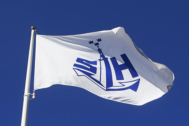 Stockholms Hamnar som vajar i vinden mot en blå himmel