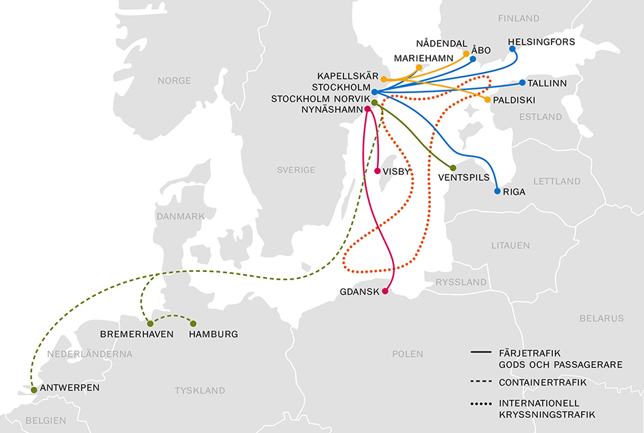 Karta över linjetrafiken i Östersjön, från Stockholms Hamnars hamnar